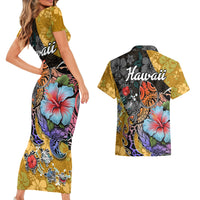 Hawaii Polynesian Couples Matching Short Sleeve Bodycon Dress and Hawaiian Shirt Turtles and Hibiscus Flower Gradient Pattern TS04 - Polynesian Pride