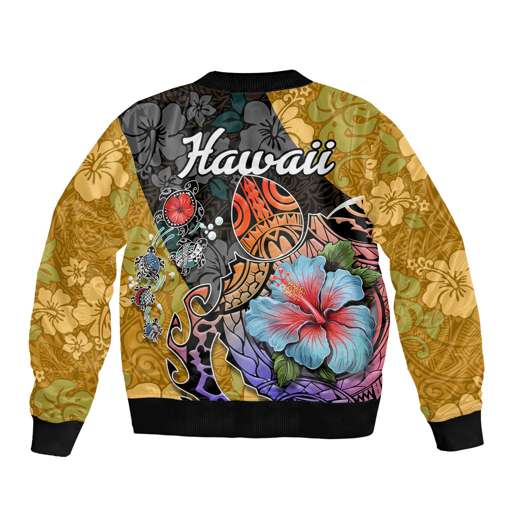 Hawaii Polynesian Sleeve Zip Bomber Jacket Turtles and Hibiscus Flower Gradient Pattern TS04 - Polynesian Pride