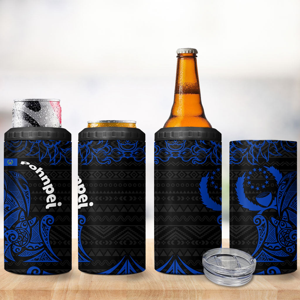 Pohnpei Federated States Of Micronesia 4 in 1 Can Cooler Tumbler Polynesian Tribal Heritage Art With Blue Island Tattoo Patterns
