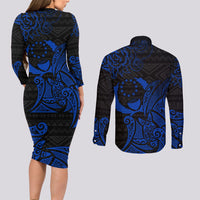 Pohnpei Federated States Of Micronesia Couples Matching Long Sleeve Bodycon Dress and Long Sleeve Button Shirt Polynesian Tribal Heritage Art With Blue Island Tattoo Patterns