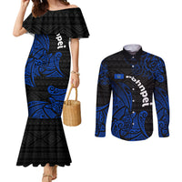 Pohnpei Federated States Of Micronesia Couples Matching Mermaid Dress and Long Sleeve Button Shirt Polynesian Tribal Heritage Art With Blue Island Tattoo Patterns