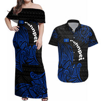 Pohnpei Federated States Of Micronesia Couples Matching Off Shoulder Maxi Dress and Hawaiian Shirt Polynesian Tribal Heritage Art With Blue Island Tattoo Patterns