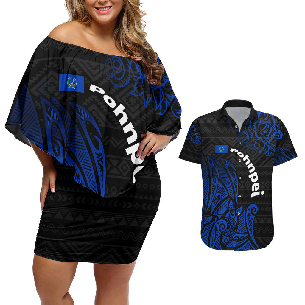 Pohnpei Federated States Of Micronesia Couples Matching Off Shoulder Short Dress and Hawaiian Shirt Polynesian Tribal Heritage Art With Blue Island Tattoo Patterns