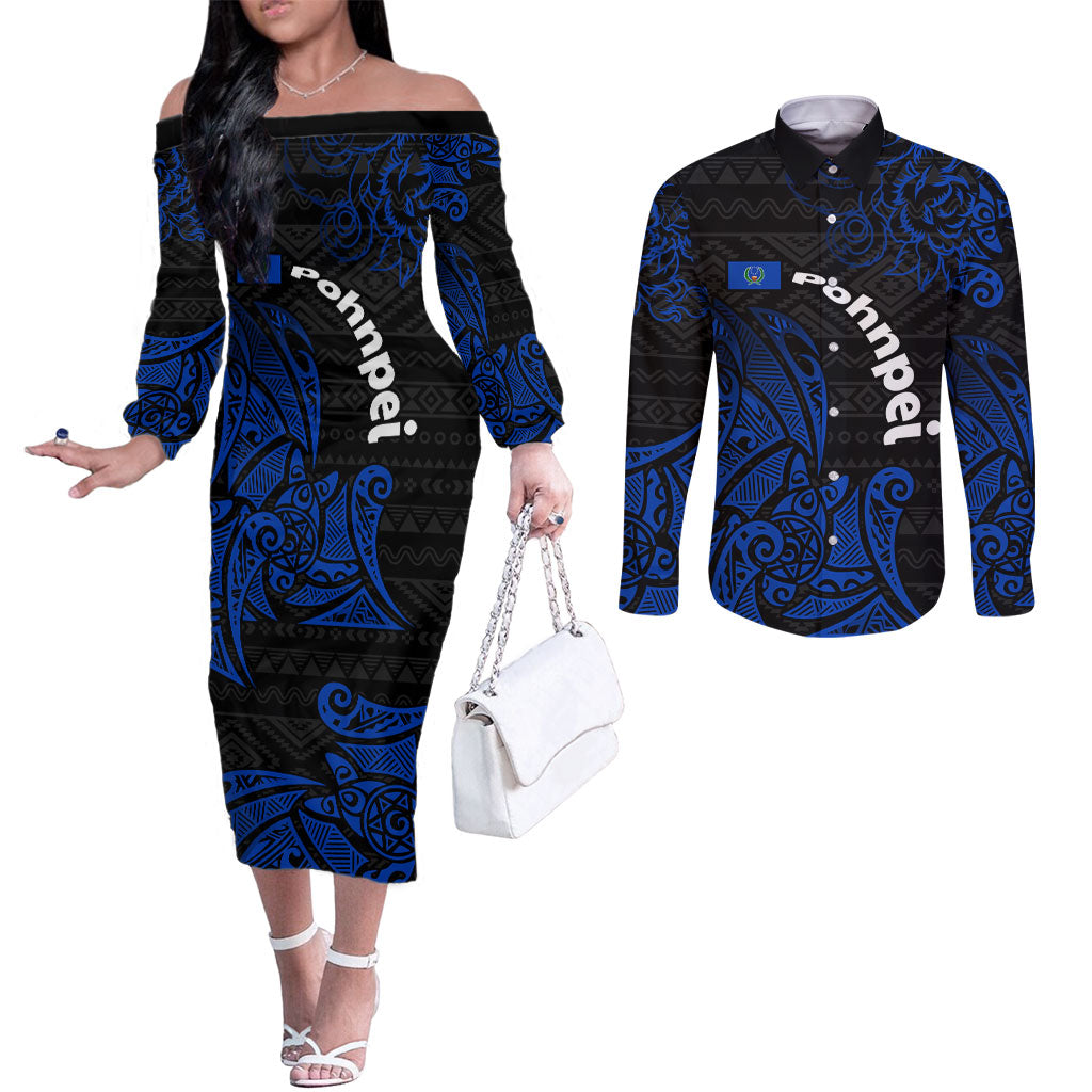 Pohnpei Federated States Of Micronesia Couples Matching Off The Shoulder Long Sleeve Dress and Long Sleeve Button Shirt Polynesian Tribal Heritage Art With Blue Island Tattoo Patterns