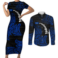 Pohnpei Federated States Of Micronesia Couples Matching Short Sleeve Bodycon Dress and Long Sleeve Button Shirt Polynesian Tribal Heritage Art With Blue Island Tattoo Patterns