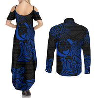 Pohnpei Federated States Of Micronesia Couples Matching Summer Maxi Dress and Long Sleeve Button Shirt Polynesian Tribal Heritage Art With Blue Island Tattoo Patterns