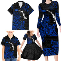 Pohnpei Federated States Of Micronesia Family Matching Long Sleeve Bodycon Dress and Hawaiian Shirt Polynesian Tribal Heritage Art With Blue Island Tattoo Patterns