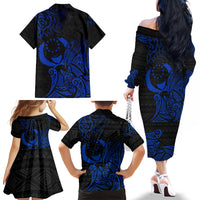 Pohnpei Federated States Of Micronesia Family Matching Off The Shoulder Long Sleeve Dress and Hawaiian Shirt Polynesian Tribal Heritage Art With Blue Island Tattoo Patterns