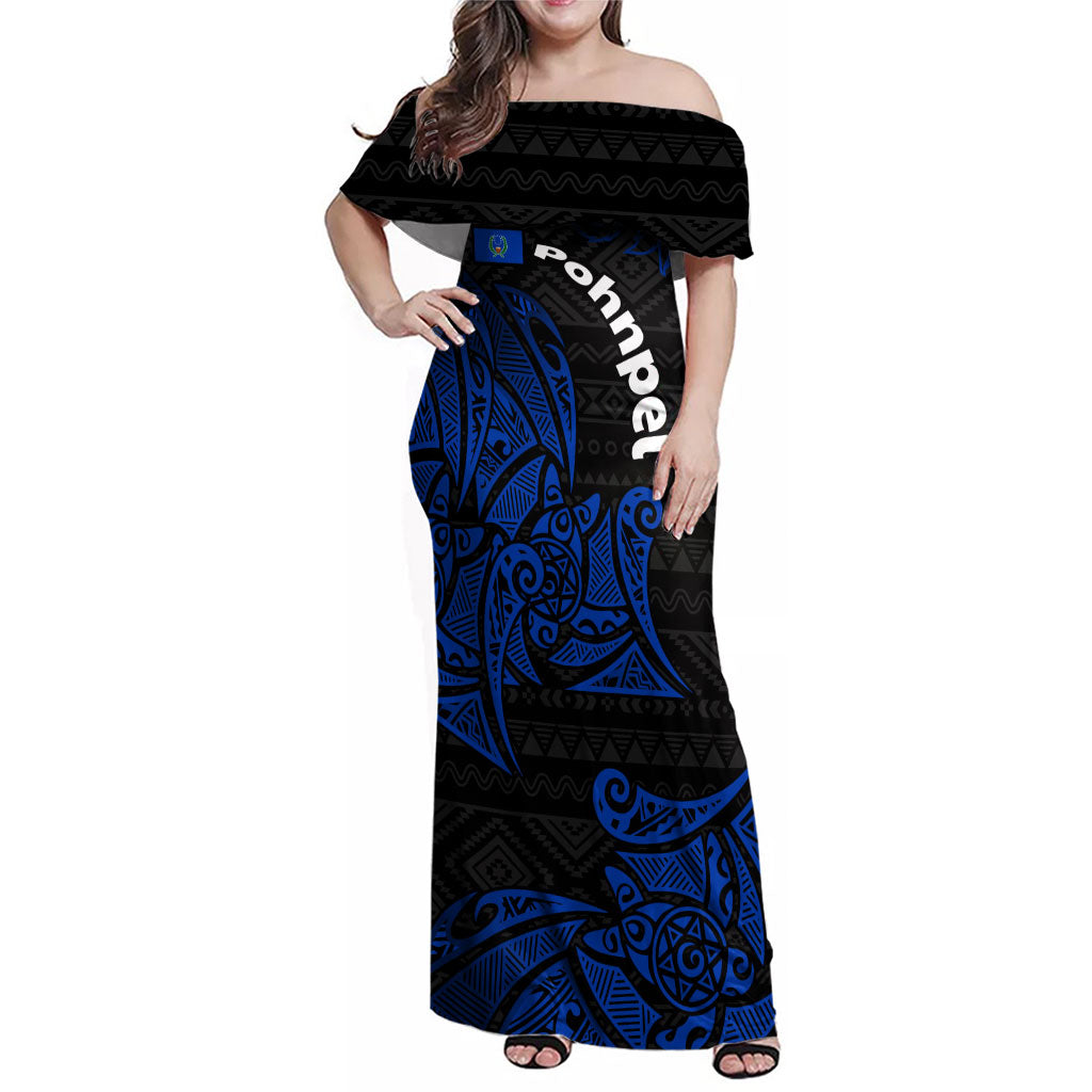 Pohnpei Federated States Of Micronesia Family Matching Off Shoulder Maxi Dress and Hawaiian Shirt Polynesian Tribal Heritage Art With Blue Island Tattoo Patterns