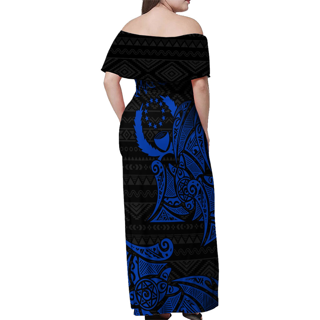 Pohnpei Federated States Of Micronesia Family Matching Off Shoulder Maxi Dress and Hawaiian Shirt Polynesian Tribal Heritage Art With Blue Island Tattoo Patterns