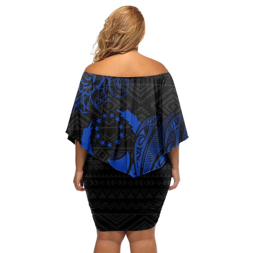 Pohnpei Federated States Of Micronesia Family Matching Off Shoulder Short Dress and Hawaiian Shirt Polynesian Tribal Heritage Art With Blue Island Tattoo Patterns
