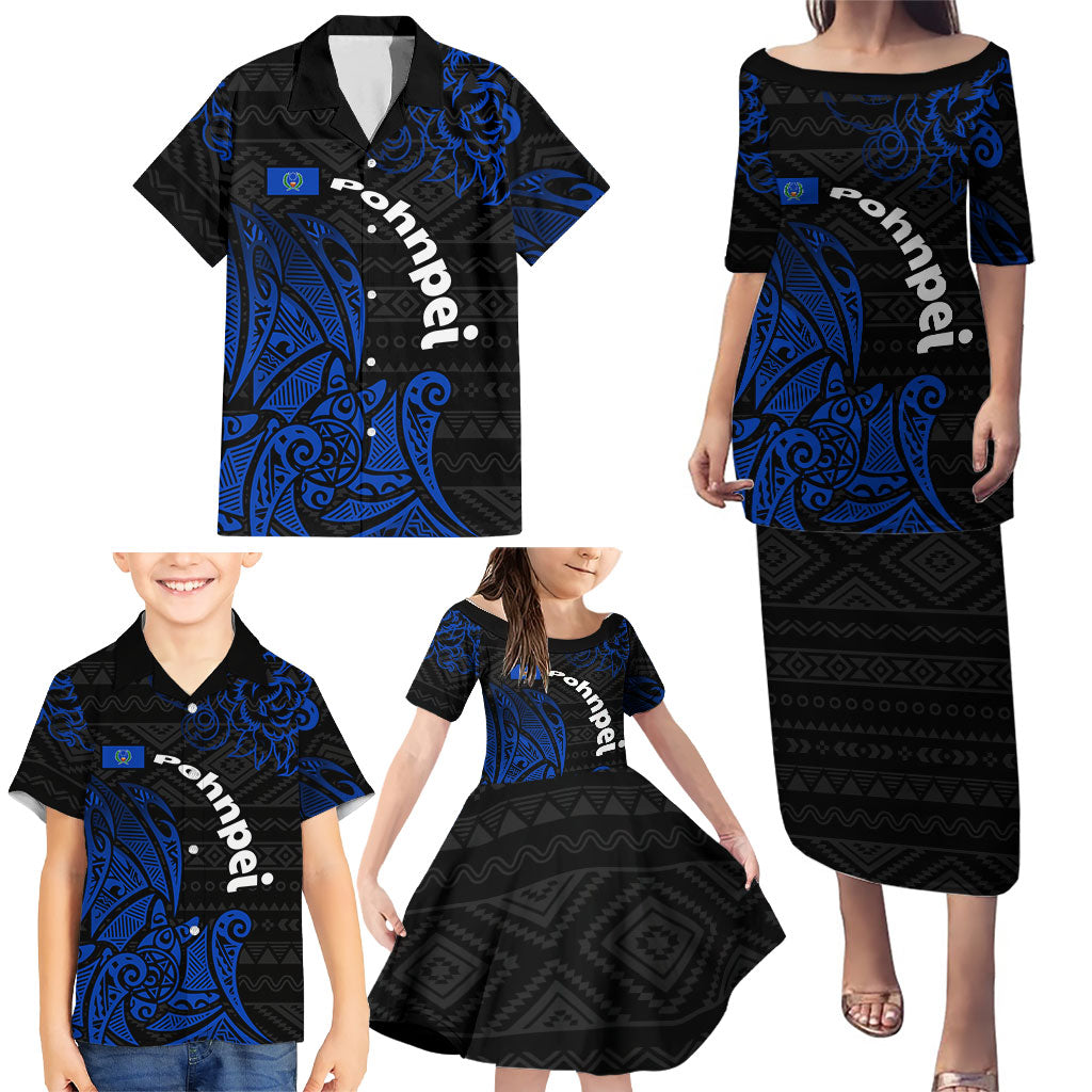 Pohnpei Federated States Of Micronesia Family Matching Puletasi and Hawaiian Shirt Polynesian Tribal Heritage Art With Blue Island Tattoo Patterns