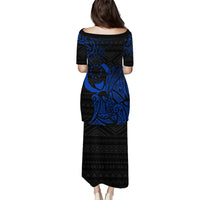 Pohnpei Federated States Of Micronesia Family Matching Puletasi and Hawaiian Shirt Polynesian Tribal Heritage Art With Blue Island Tattoo Patterns