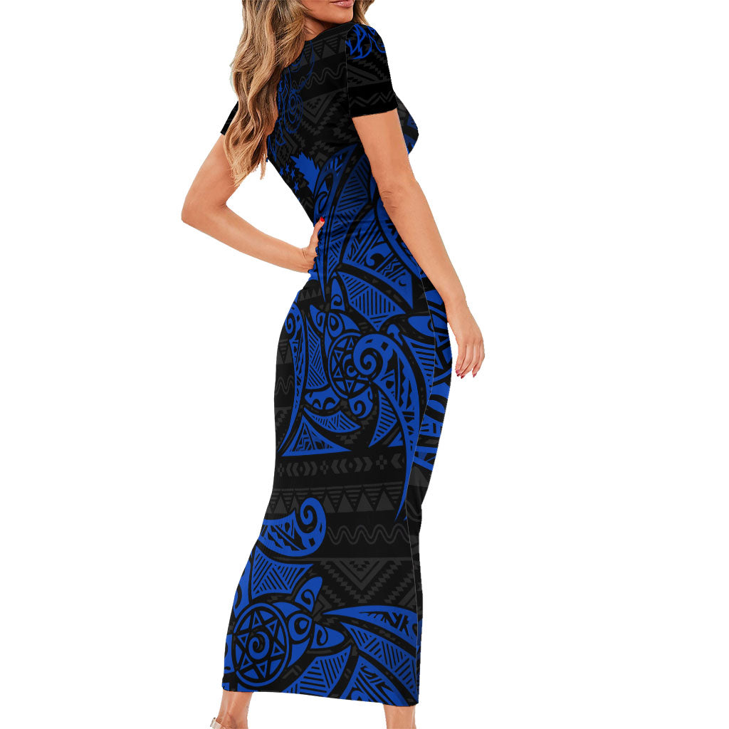 Pohnpei Federated States Of Micronesia Family Matching Short Sleeve Bodycon Dress and Hawaiian Shirt Polynesian Tribal Heritage Art With Blue Island Tattoo Patterns