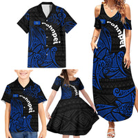 Pohnpei Federated States Of Micronesia Family Matching Summer Maxi Dress and Hawaiian Shirt Polynesian Tribal Heritage Art With Blue Island Tattoo Patterns