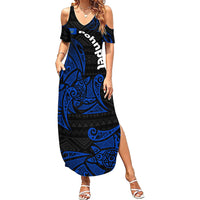 Pohnpei Federated States Of Micronesia Family Matching Summer Maxi Dress and Hawaiian Shirt Polynesian Tribal Heritage Art With Blue Island Tattoo Patterns