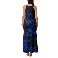 Pohnpei Federated States Of Micronesia Family Matching Tank Maxi Dress and Hawaiian Shirt Polynesian Tribal Heritage Art With Blue Island Tattoo Patterns