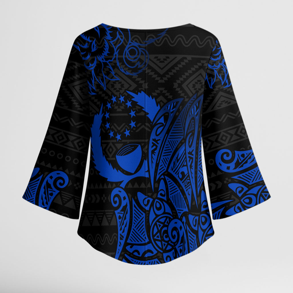 Pohnpei Federated States Of Micronesia Kimono Sleeve Blouse Polynesian Tribal Heritage Art With Blue Island Tattoo Patterns