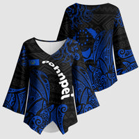 Pohnpei Federated States Of Micronesia Kimono Sleeve Blouse Polynesian Tribal Heritage Art With Blue Island Tattoo Patterns