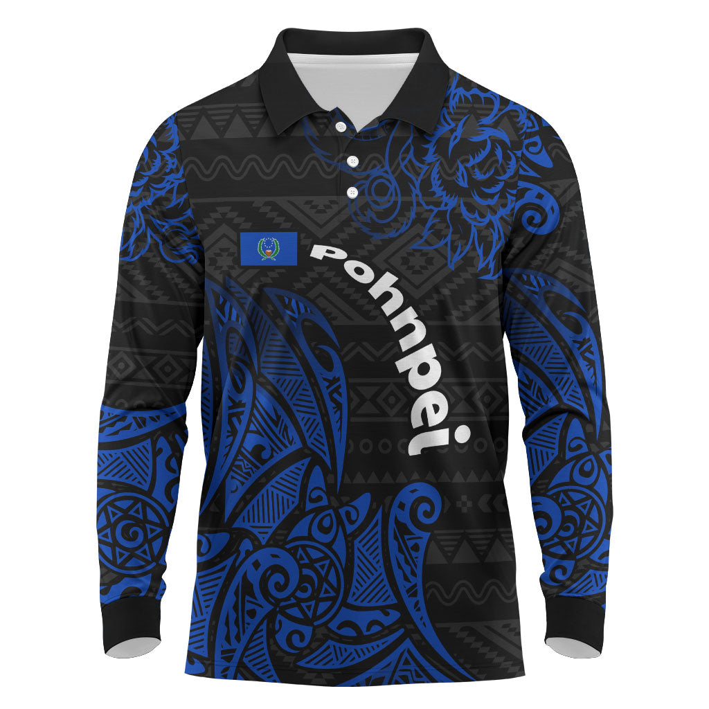 Pohnpei Federated States Of Micronesia Long Sleeve Polo Shirt Polynesian Tribal Heritage Art With Blue Island Tattoo Patterns