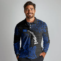 Pohnpei Federated States Of Micronesia Long Sleeve Polo Shirt Polynesian Tribal Heritage Art With Blue Island Tattoo Patterns