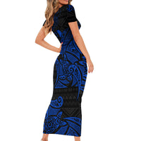 Pohnpei Federated States Of Micronesia Short Sleeve Bodycon Dress Polynesian Tribal Heritage Art With Blue Island Tattoo Patterns