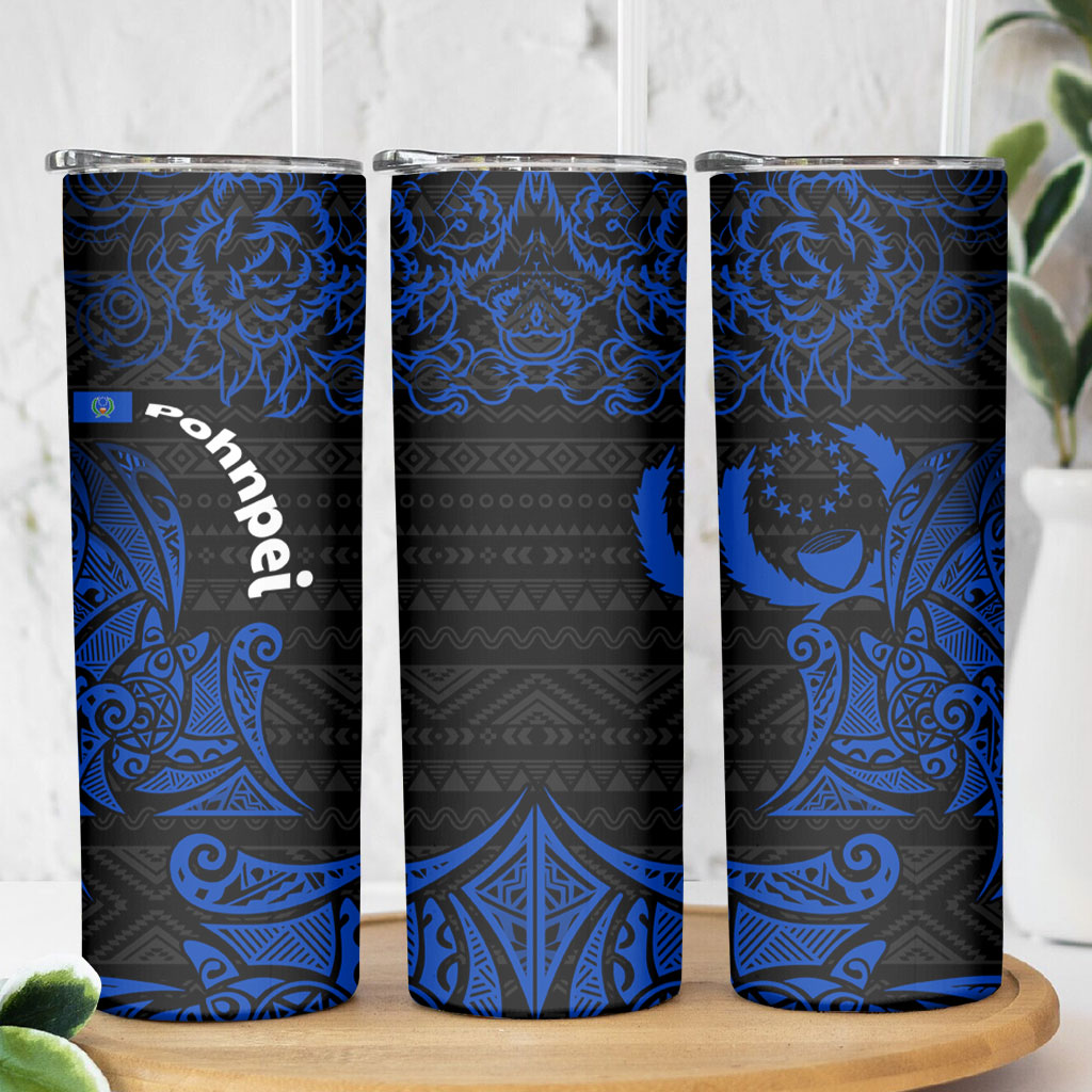 Pohnpei Federated States Of Micronesia Skinny Tumbler Polynesian Tribal Heritage Art With Blue Island Tattoo Patterns