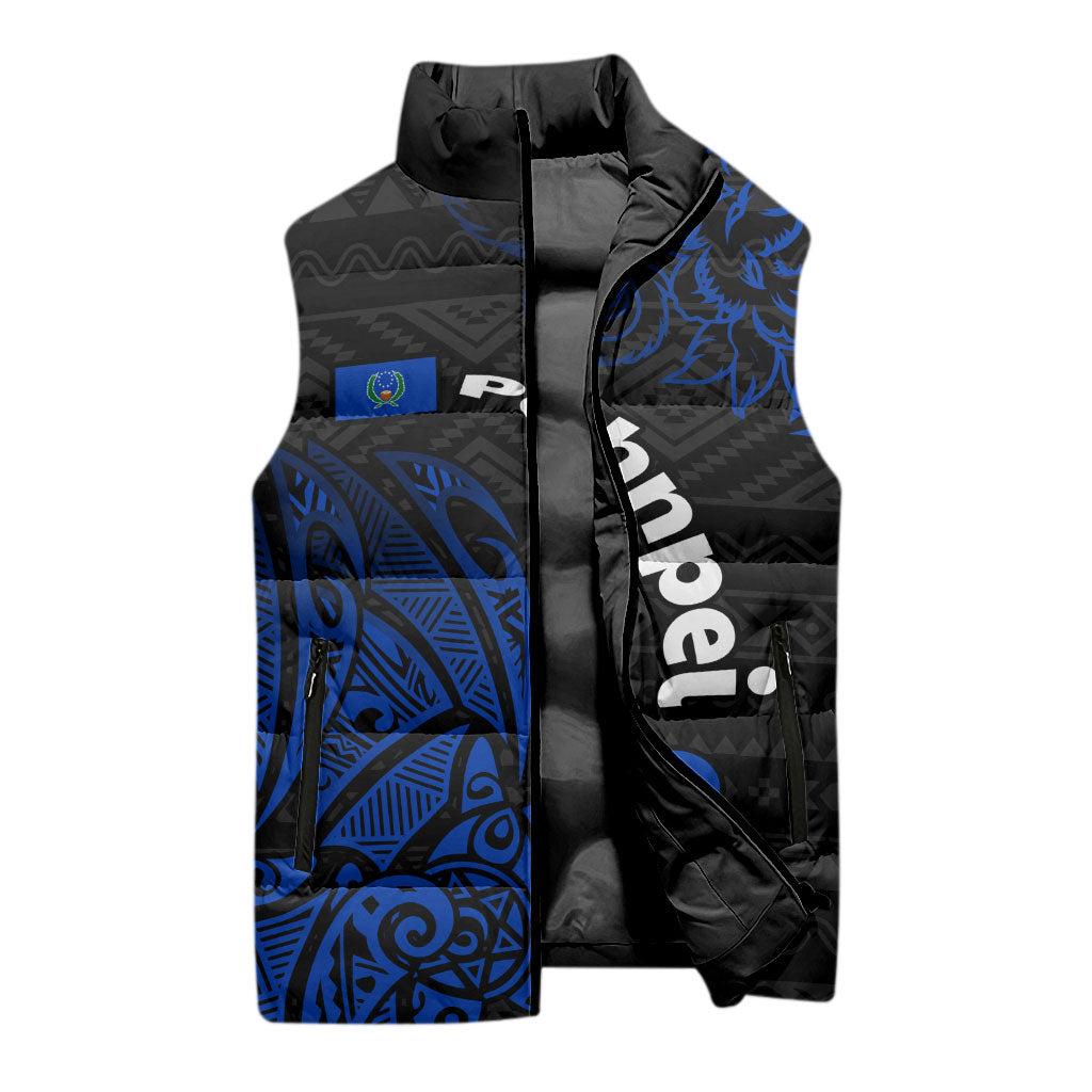 Pohnpei Federated States Of Micronesia Sleeveless Puffer Jacket Polynesian Tribal Heritage Art With Blue Island Tattoo Patterns