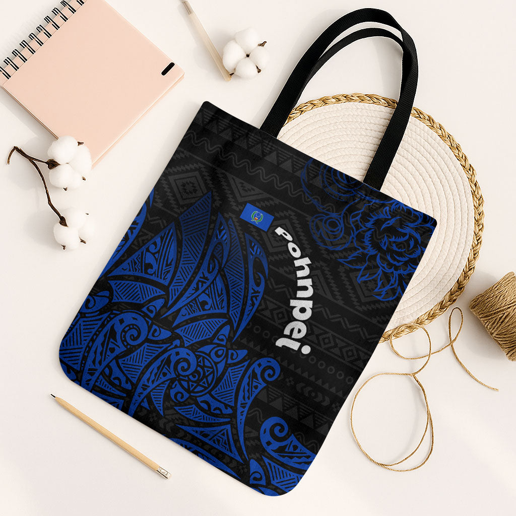 Pohnpei Federated States Of Micronesia Tote Bag Polynesian Tribal Heritage Art With Blue Island Tattoo Patterns