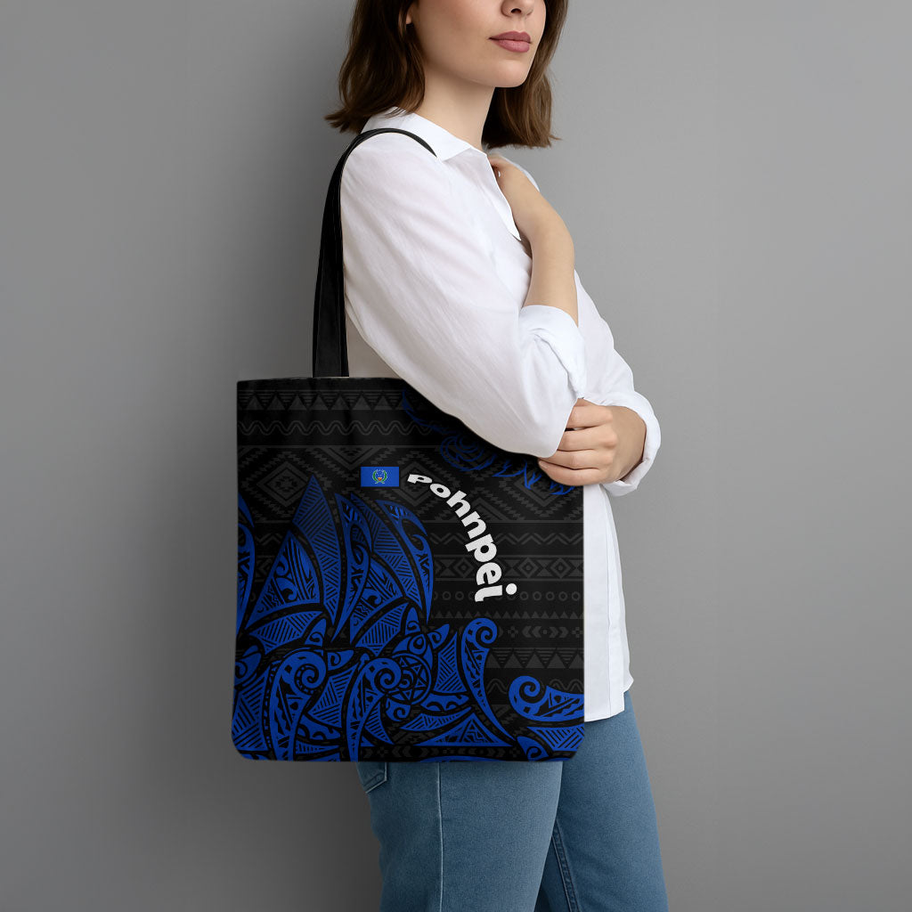 Pohnpei Federated States Of Micronesia Tote Bag Polynesian Tribal Heritage Art With Blue Island Tattoo Patterns