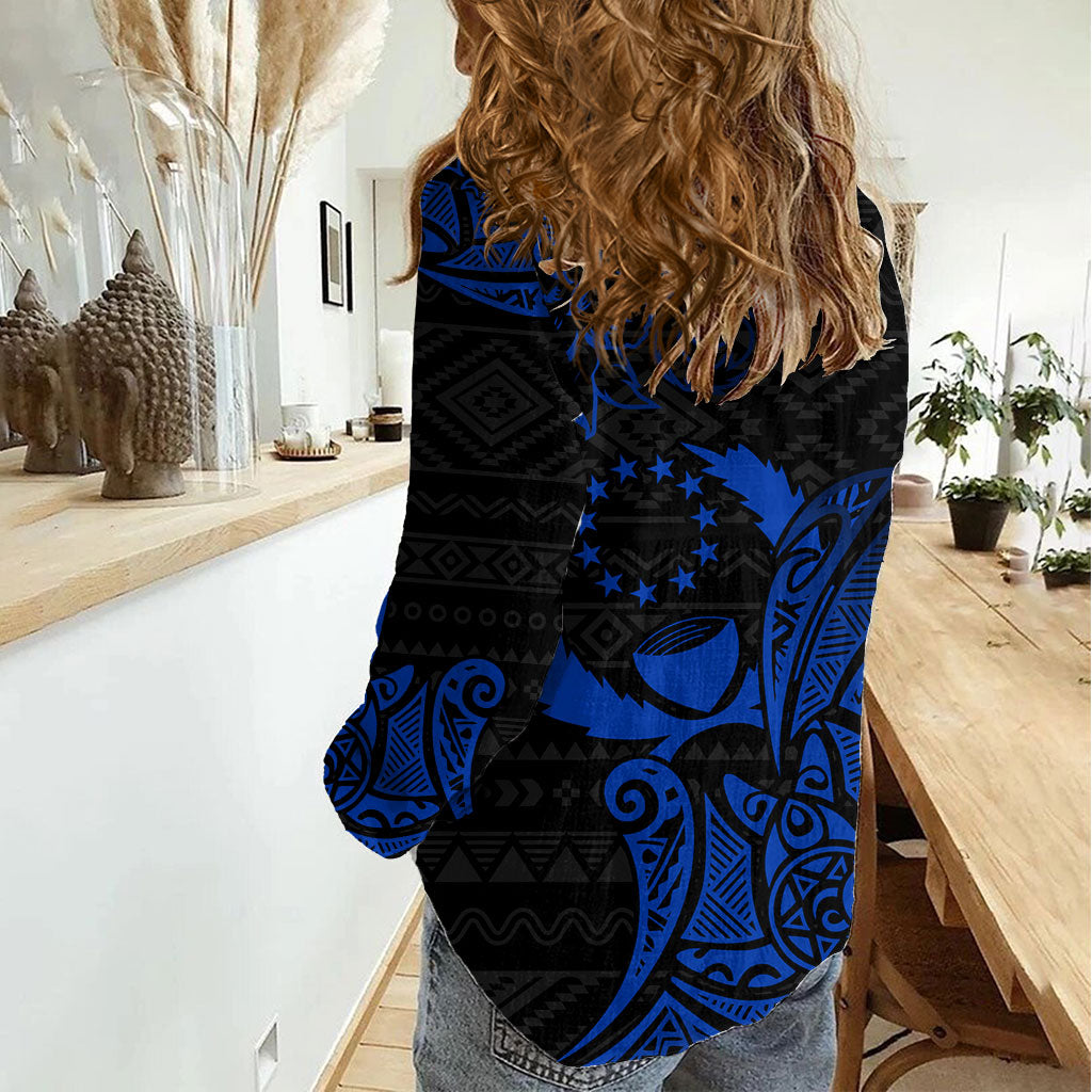 Pohnpei Federated States Of Micronesia Women Casual Shirt Polynesian Tribal Heritage Art With Blue Island Tattoo Patterns