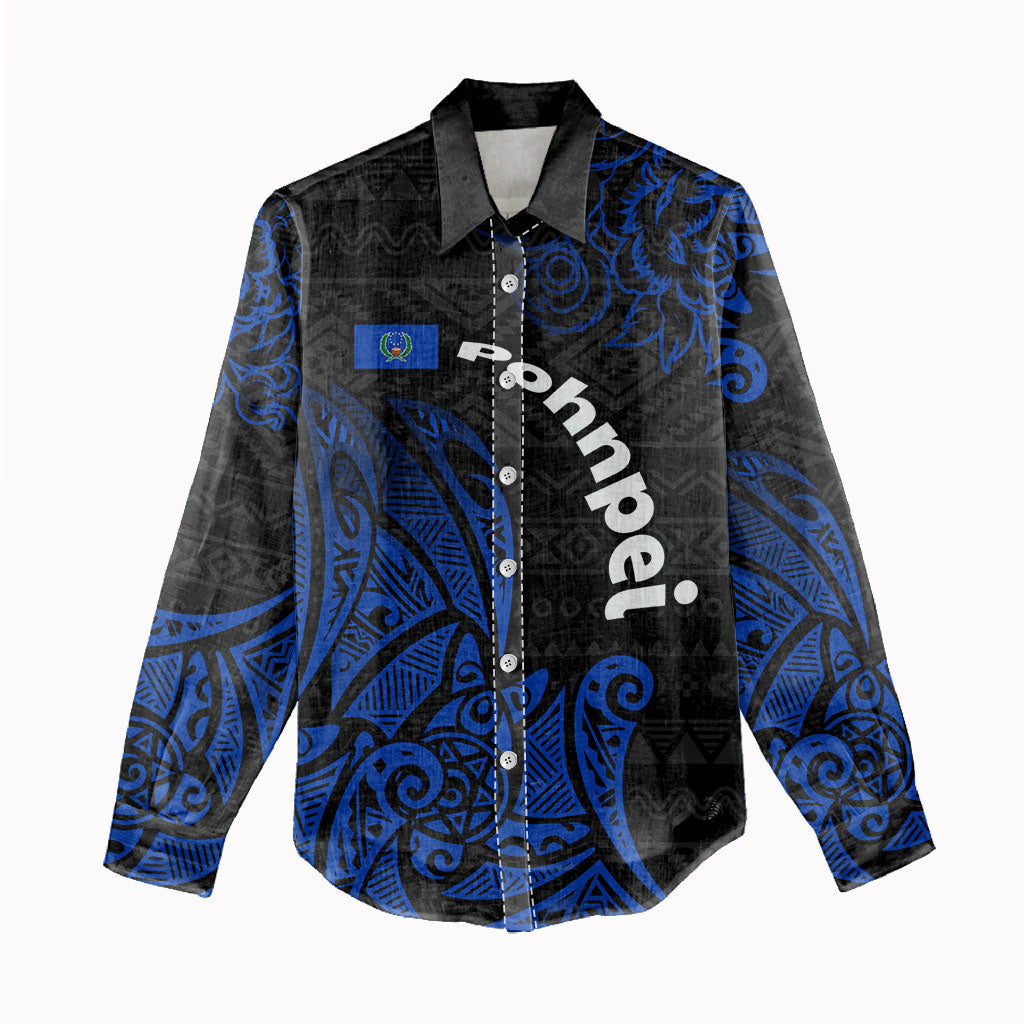 Pohnpei Federated States Of Micronesia Women Casual Shirt Polynesian Tribal Heritage Art With Blue Island Tattoo Patterns