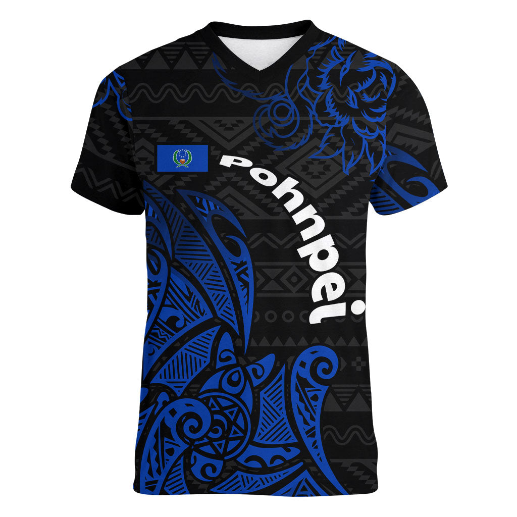 Pohnpei Federated States Of Micronesia Women V-Neck T-Shirt Polynesian Tribal Heritage Art With Blue Island Tattoo Patterns