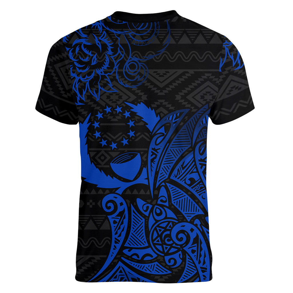 Pohnpei Federated States Of Micronesia Women V-Neck T-Shirt Polynesian Tribal Heritage Art With Blue Island Tattoo Patterns