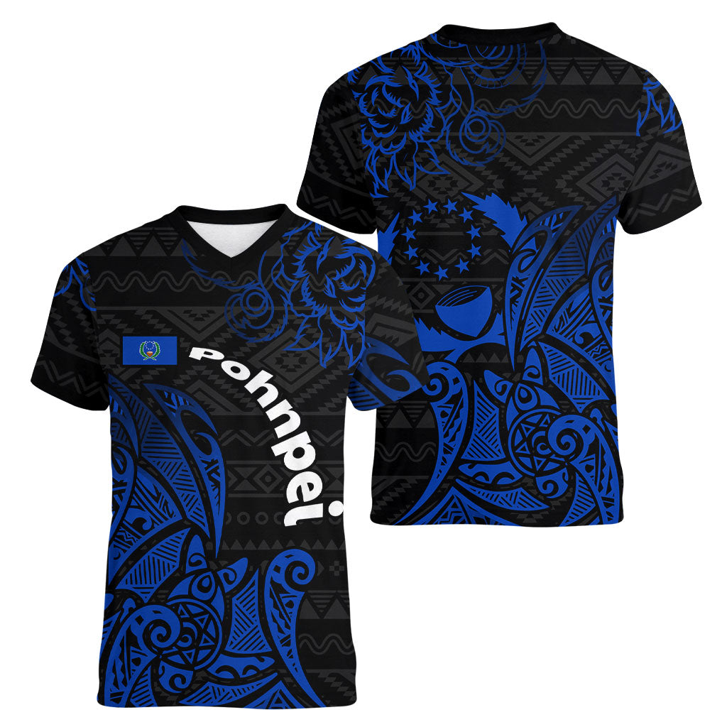 Pohnpei Federated States Of Micronesia Women V-Neck T-Shirt Polynesian Tribal Heritage Art With Blue Island Tattoo Patterns