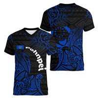 Pohnpei Federated States Of Micronesia Women V-Neck T-Shirt Polynesian Tribal Heritage Art With Blue Island Tattoo Patterns