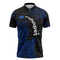 Pohnpei Federated States Of Micronesia Zipper Polo Shirt Polynesian Tribal Heritage Art With Blue Island Tattoo Patterns