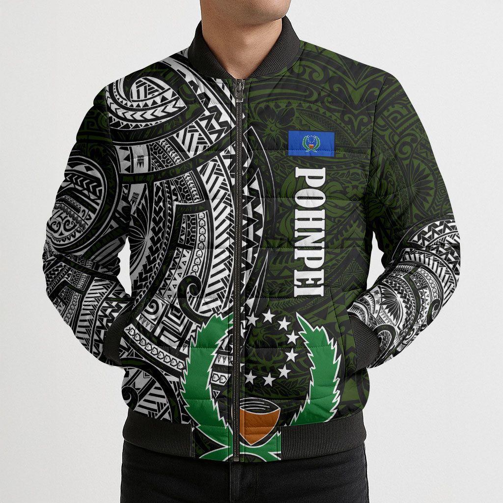 Pohnpei Federated States Of Micronesia Bomber Puffer Jacket Polynesian Tribal Heritage Art With Kaselehlie State Seal