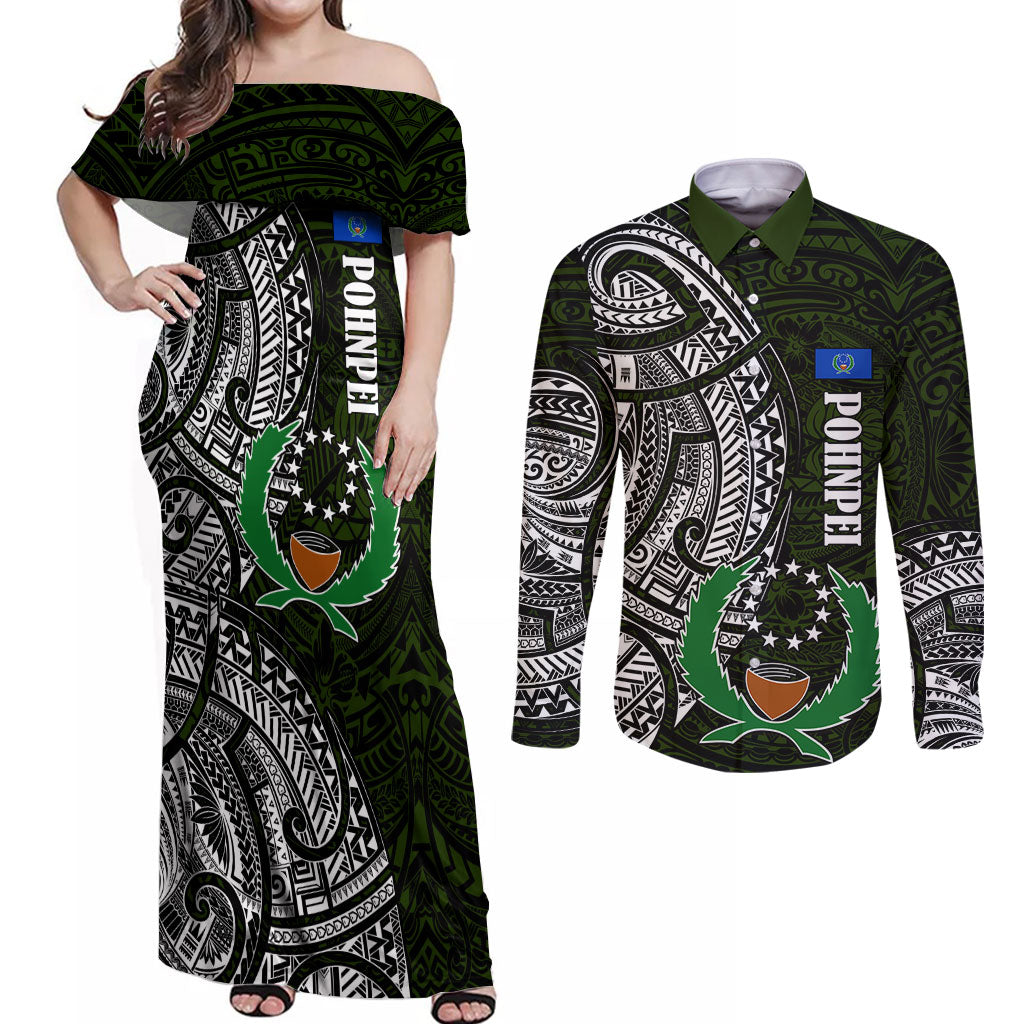 Pohnpei Federated States Of Micronesia Couples Matching Off Shoulder Maxi Dress and Long Sleeve Button Shirt Polynesian Tribal Heritage Art With Kaselehlie State Seal