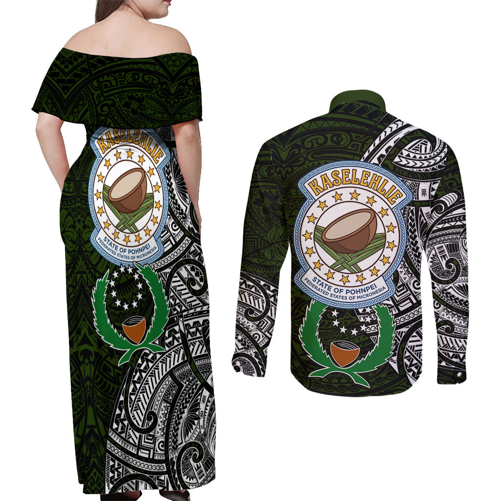 Pohnpei Federated States Of Micronesia Couples Matching Off Shoulder Maxi Dress and Long Sleeve Button Shirt Polynesian Tribal Heritage Art With Kaselehlie State Seal