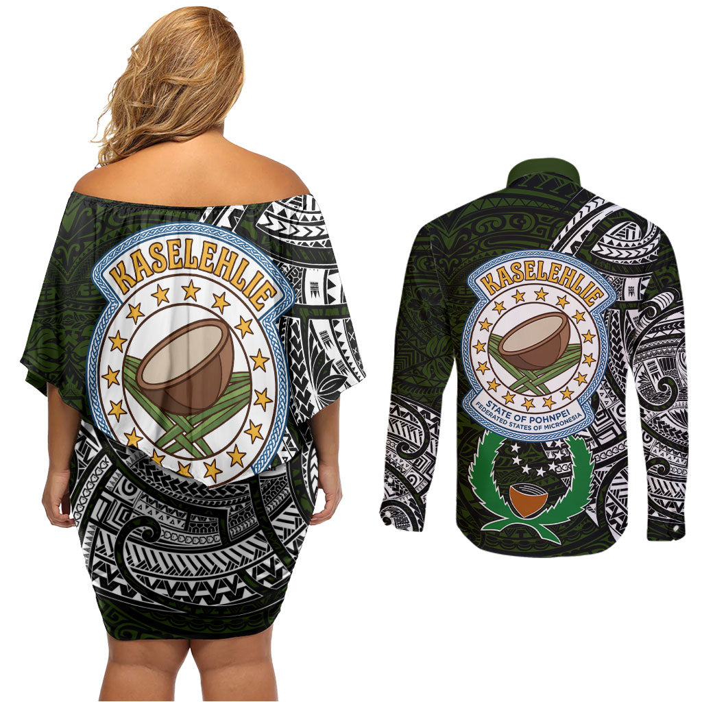 Pohnpei Federated States Of Micronesia Couples Matching Off Shoulder Short Dress and Long Sleeve Button Shirt Polynesian Tribal Heritage Art With Kaselehlie State Seal