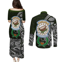 Pohnpei Federated States Of Micronesia Couples Matching Puletasi and Long Sleeve Button Shirt Polynesian Tribal Heritage Art With Kaselehlie State Seal