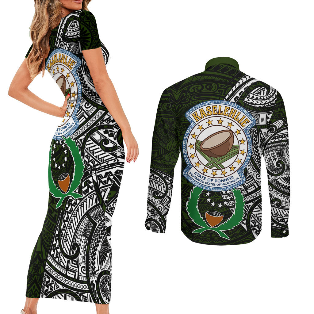 Pohnpei Federated States Of Micronesia Couples Matching Short Sleeve Bodycon Dress and Long Sleeve Button Shirt Polynesian Tribal Heritage Art With Kaselehlie State Seal