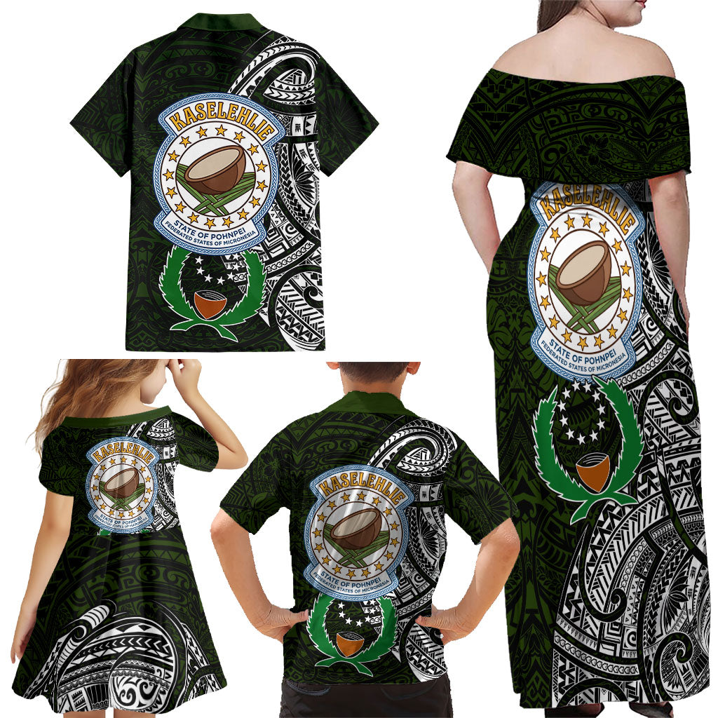Pohnpei Federated States Of Micronesia Family Matching Off Shoulder Maxi Dress and Hawaiian Shirt Polynesian Tribal Heritage Art With Kaselehlie State Seal