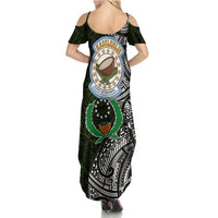Pohnpei Federated States Of Micronesia Family Matching Summer Maxi Dress and Hawaiian Shirt Polynesian Tribal Heritage Art With Kaselehlie State Seal