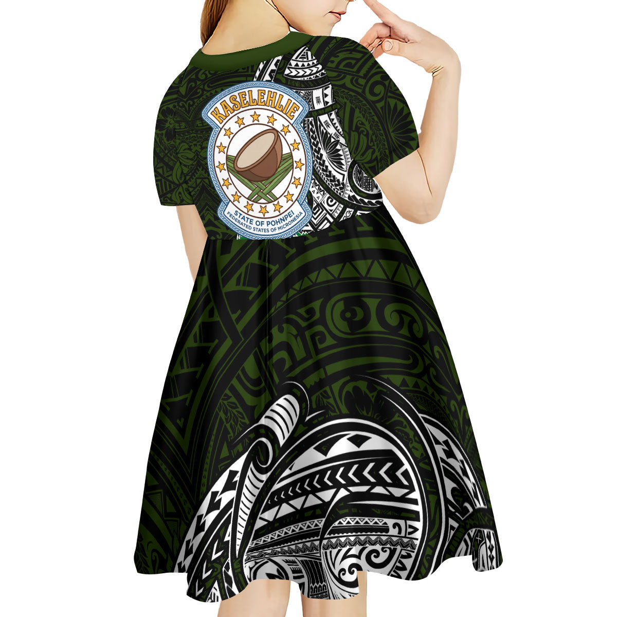 Pohnpei Federated States Of Micronesia Kid Short Sleeve Dress Polynesian Tribal Heritage Art With Kaselehlie State Seal