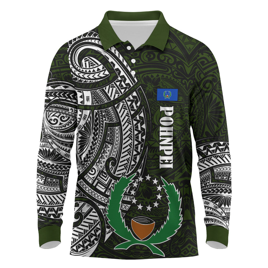Pohnpei Federated States Of Micronesia Long Sleeve Polo Shirt Polynesian Tribal Heritage Art With Kaselehlie State Seal