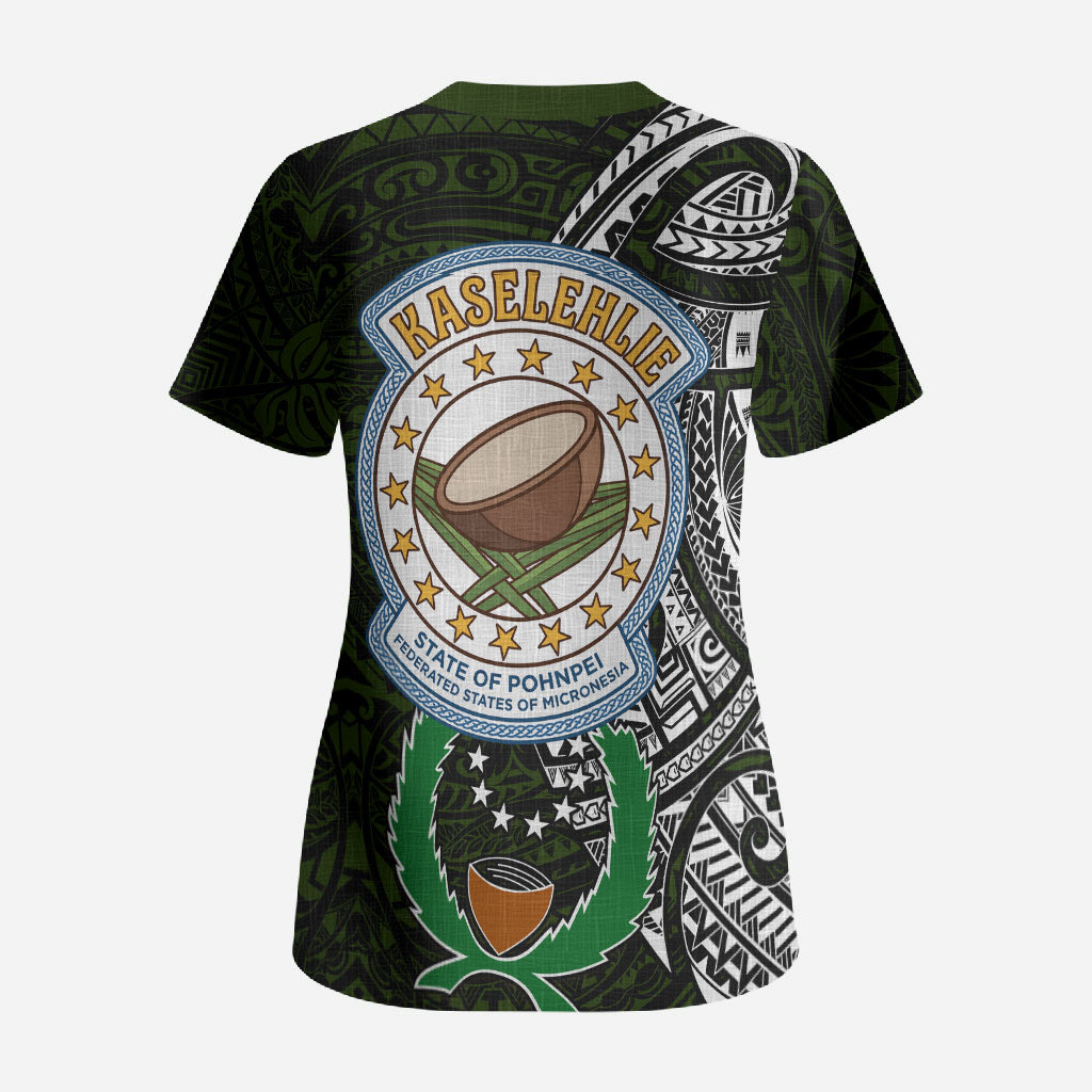 Pohnpei Federated States Of Micronesia Scrub Top Polynesian Tribal Heritage Art With Kaselehlie State Seal
