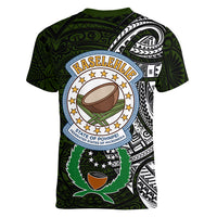 Pohnpei Federated States Of Micronesia Women V-Neck T-Shirt Polynesian Tribal Heritage Art With Kaselehlie State Seal