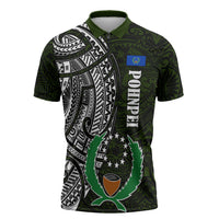 Pohnpei Federated States Of Micronesia Zipper Polo Shirt Polynesian Tribal Heritage Art With Kaselehlie State Seal